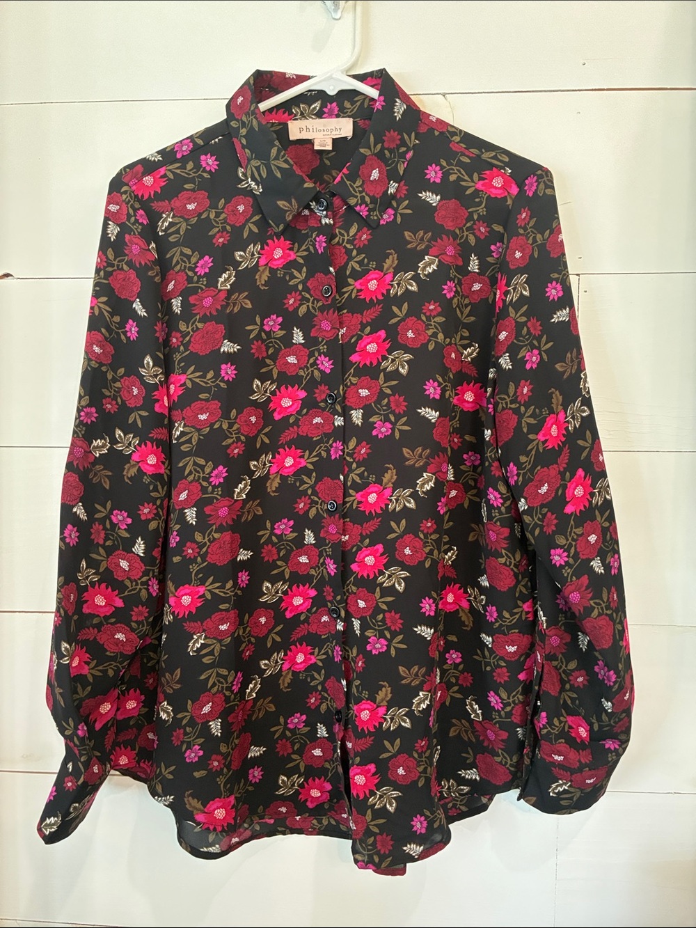 Philosophy Black Floral Button-Down Blouse  Pink, Red &  Green Flowers Size L